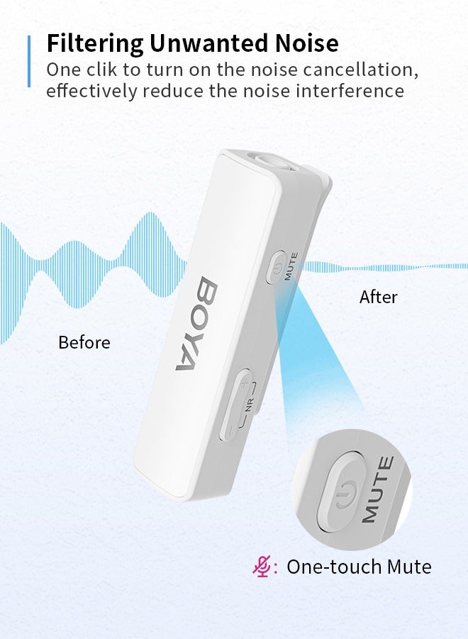 BOYALINK White Wireless clip on Microphone for Wedding Vlog Interview, Portable Charging Case Switchable Adapters for iPhone Android Camera,Noise Reduction Quick Mute