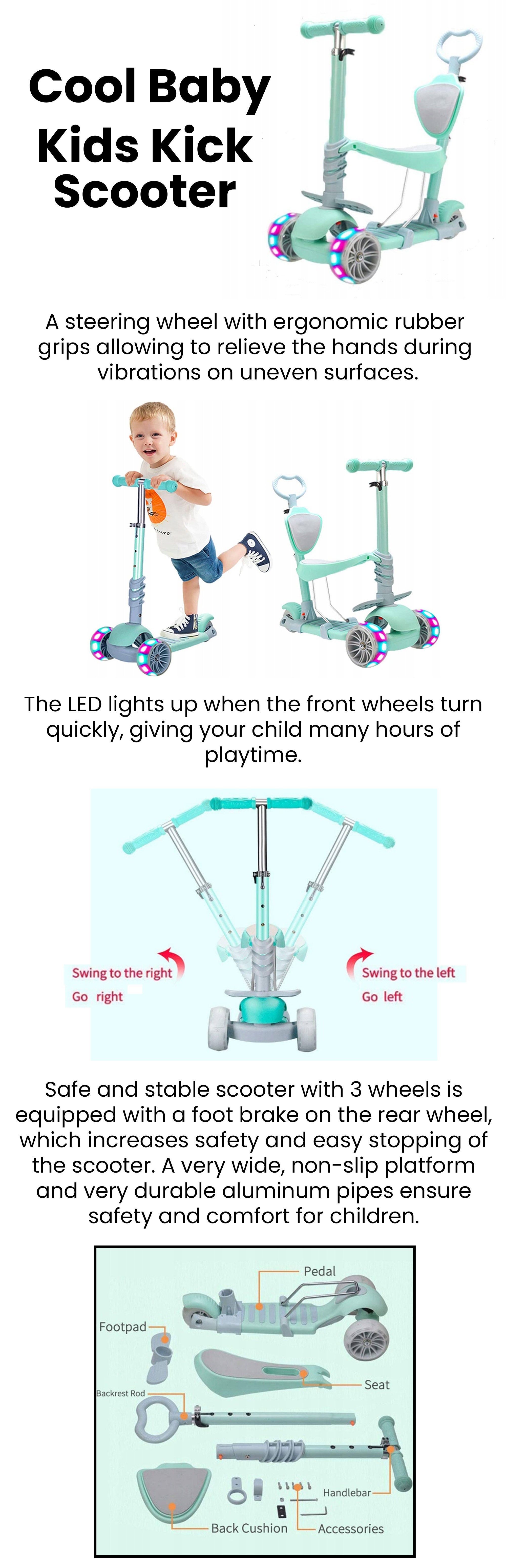 Kids Kick Scooter With Adjustable And Sleek Foldable Design, For Ages 3+ Years Blue
