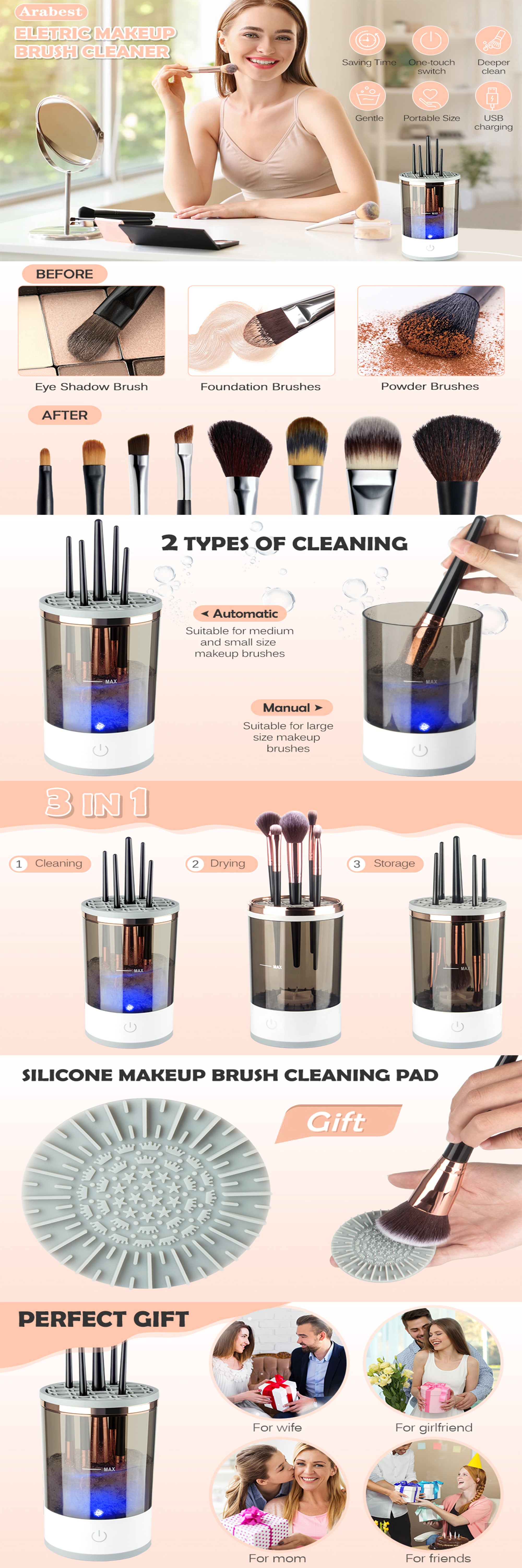 Electric Makeup Brush Cleaner, Makeup Brush Cleaner Machine with Brush Clean Mat, Automatic Cosmetic Brush Cleaner Makeup Brush Tools for All Size Beauty Makeup Brushes Set