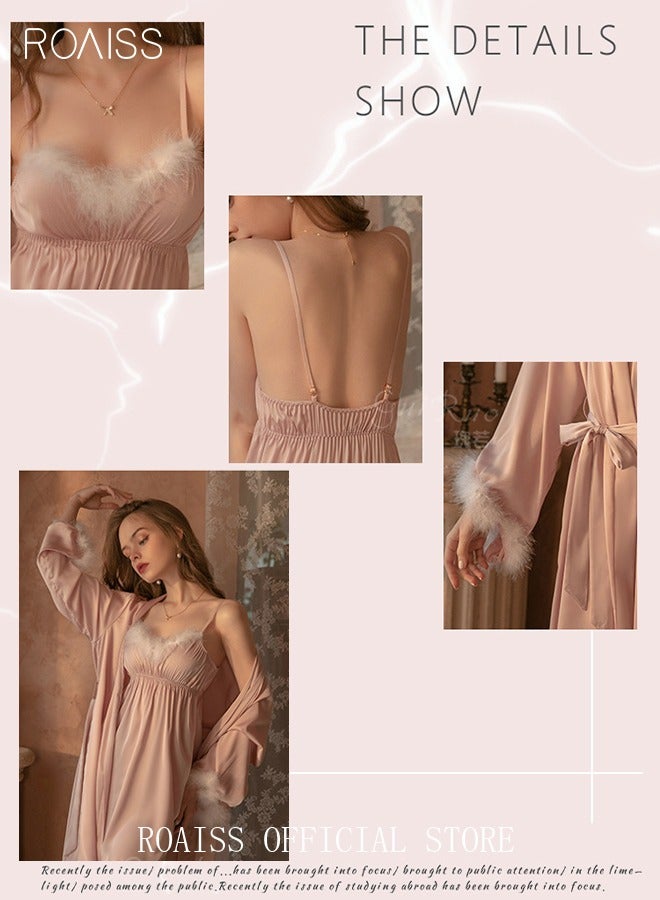 3-Piece Set Women Sweet Nightdress French Romantic Feather Ice Silk Sling Sleepwear Pajamas Ladies Satin Robe G-sting Loungewear Loose Nightgown Female Home Wear Pink