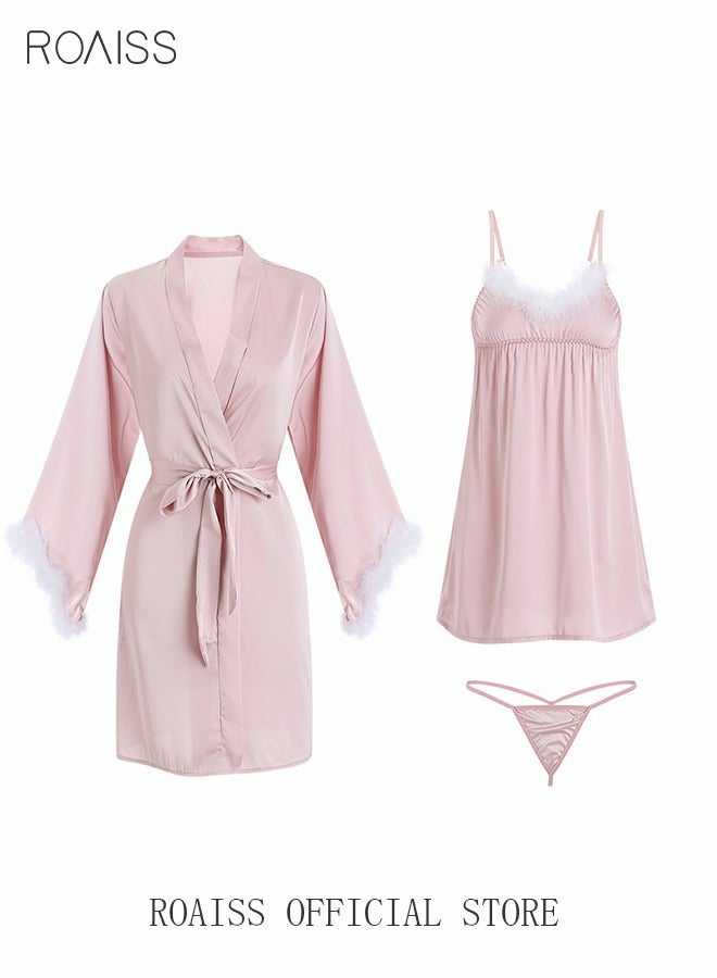 3-Piece Set Women Sweet Nightdress French Romantic Feather Ice Silk Sling Sleepwear Pajamas Ladies Satin Robe G-sting Loungewear Loose Nightgown Female Home Wear Pink