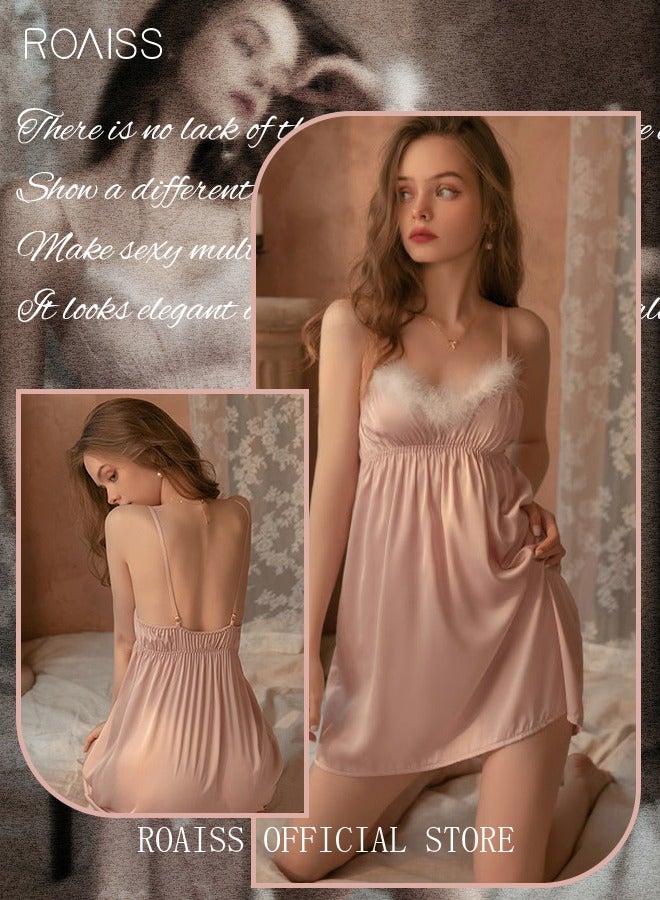 3-Piece Set Women Sweet Nightdress French Romantic Feather Ice Silk Sling Sleepwear Pajamas Ladies Satin Robe G-sting Loungewear Loose Nightgown Female Home Wear Pink