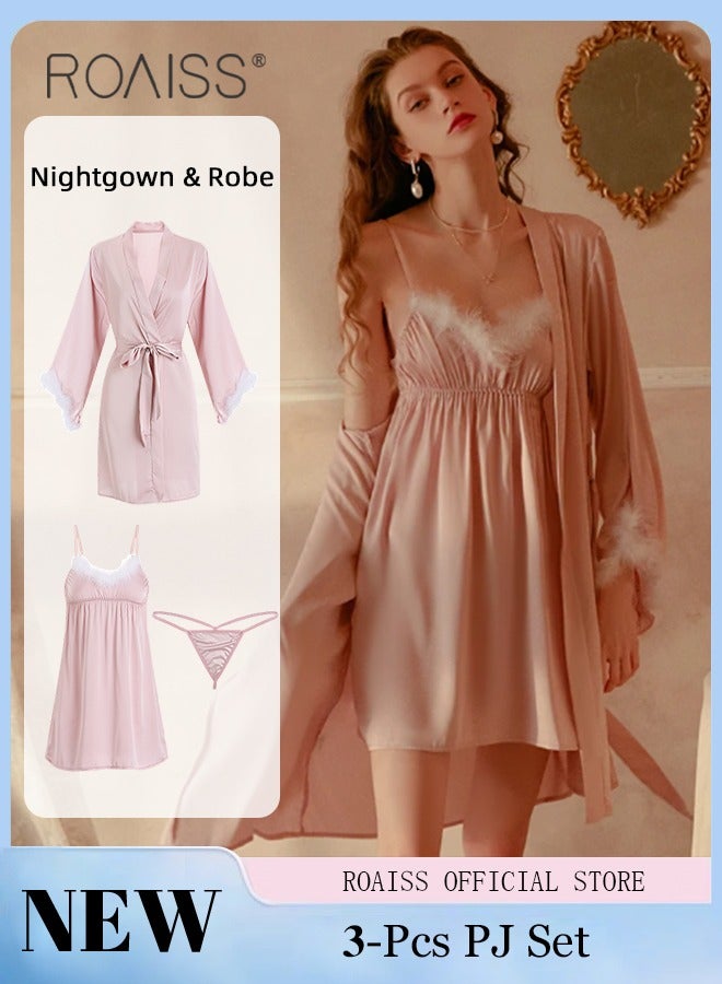 3-Piece Set Women Sweet Nightdress French Romantic Feather Ice Silk Sling Sleepwear Pajamas Ladies Satin Robe G-sting Loungewear Loose Nightgown Female Home Wear Pink