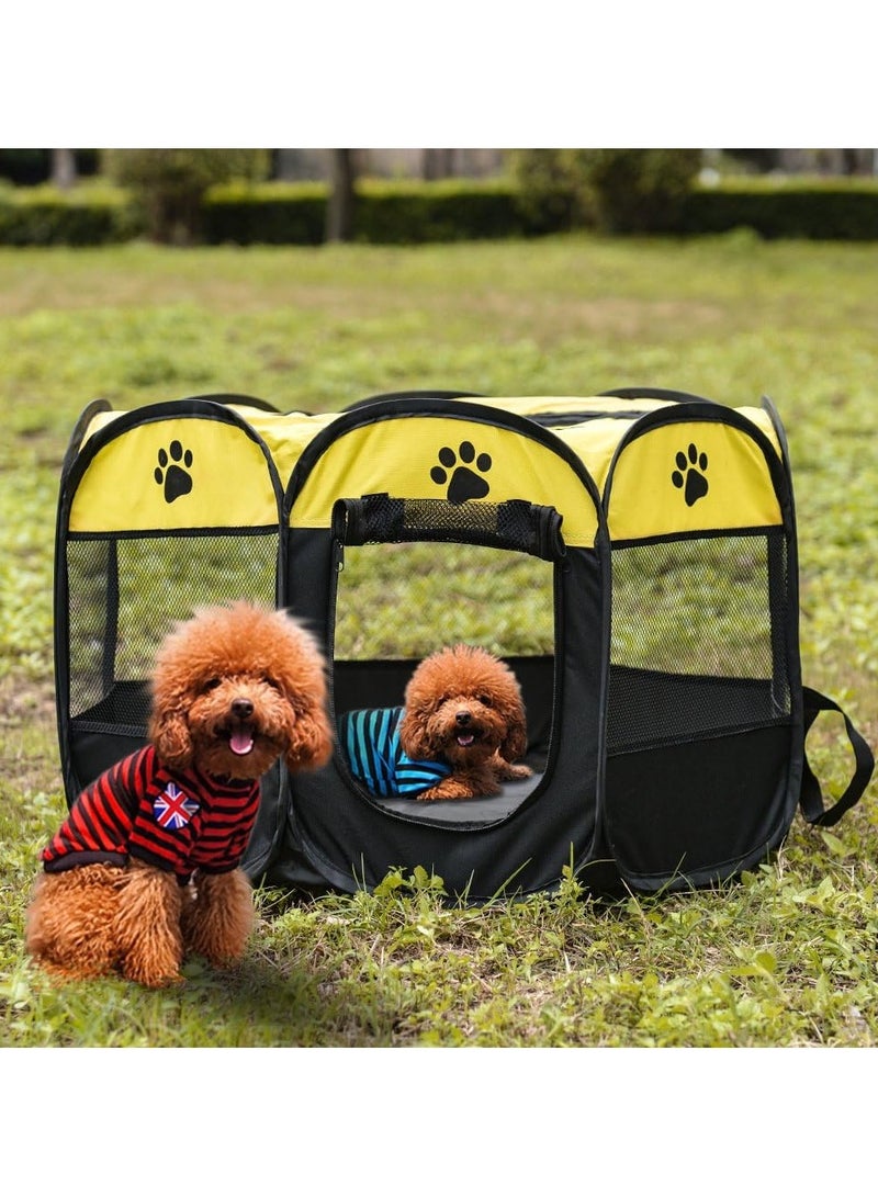 Octagonal Pet Dog And Cat House, Portable Kennel Puppy Bed House Foldable Tent Fence, Indoor Outdoor Use, Black And Brown, Pet Bed