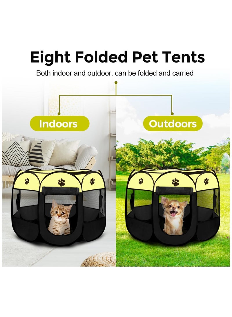 Octagonal Pet Dog And Cat House, Portable Kennel Puppy Bed House Foldable Tent Fence, Indoor Outdoor Use, Black And Brown, Pet Bed