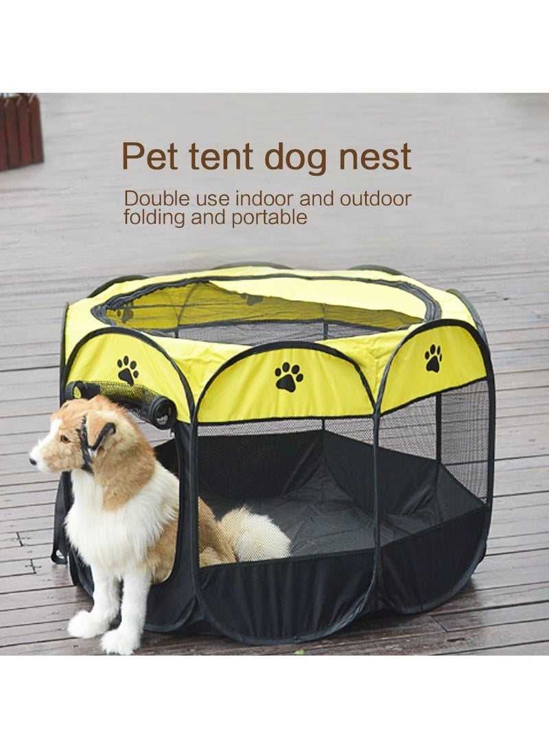 Octagonal Pet Dog And Cat House, Portable Kennel Puppy Bed House Foldable Tent Fence, Indoor Outdoor Use, Black And Brown, Pet Bed