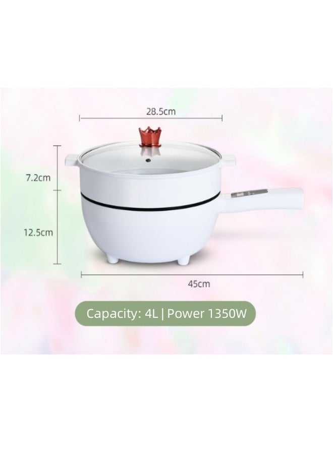 2-Speeds 4L Electric Hot Pot Non-Stick Electric Cooker Shabu Shabu, Electric Skillet, Frying Pan, Electric Saucepan, for Noodles, Egg, Steak, Oatmeal and Soup 1350W White Mechanical Type