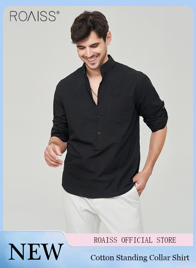 Fashionable Business Casual Stand Collar Shirt Men'S Daily Commuting Adjustable Sleeves Chest Pocket Button Pullover