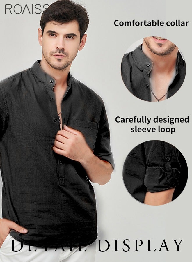 Fashionable Business Casual Stand Collar Shirt Men'S Daily Commuting Adjustable Sleeves Chest Pocket Button Pullover