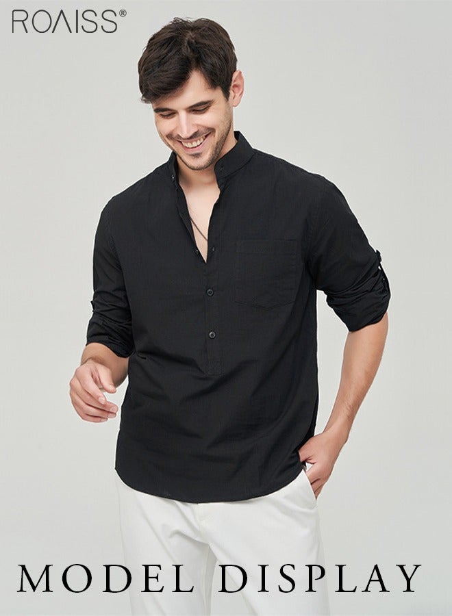 Fashionable Business Casual Stand Collar Shirt Men'S Daily Commuting Adjustable Sleeves Chest Pocket Button Pullover