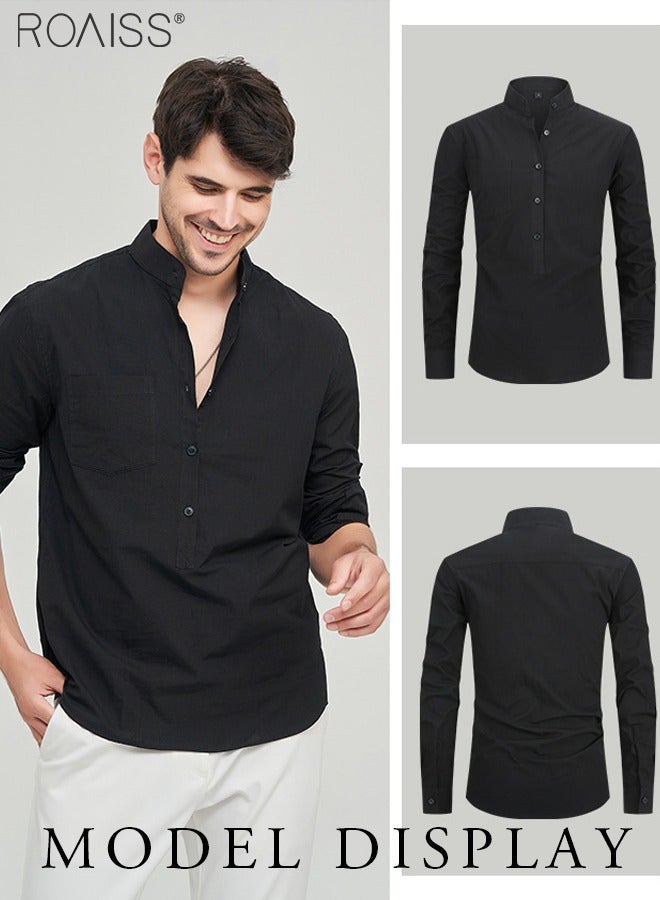 Fashionable Business Casual Stand Collar Shirt Men'S Daily Commuting Adjustable Sleeves Chest Pocket Button Pullover