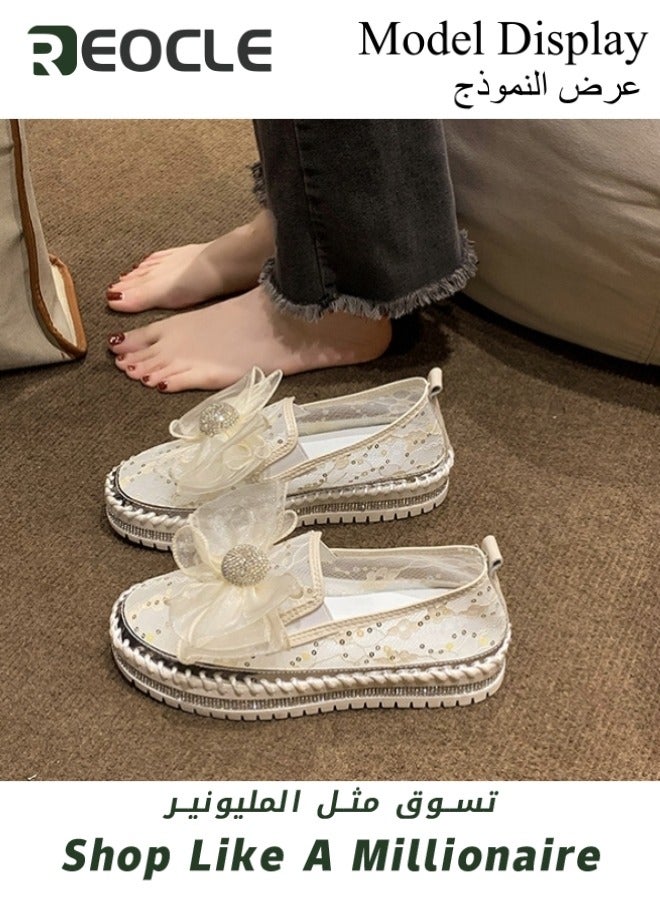 Women's Loafers Glitter Bow Mesh Platform Shoes Rhinestones Shoes Breathable Mesh Shoes Casual Walking Shoes Soft Lightweight Shoes for Daily Wear