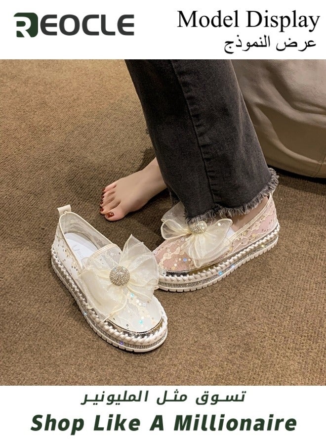 Women's Loafers Glitter Bow Mesh Platform Shoes Rhinestones Shoes Breathable Mesh Shoes Casual Walking Shoes Soft Lightweight Shoes for Daily Wear