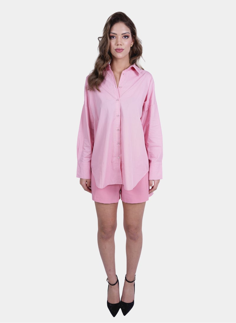 Printed Oversized Full Sleeve Pink Shirt