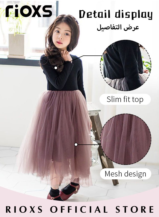 Kids Girls Breathable A Line Tutu Dress Round Neck Long Sleeve Mesh Slim Dress Knitted Cotton Princess Dress