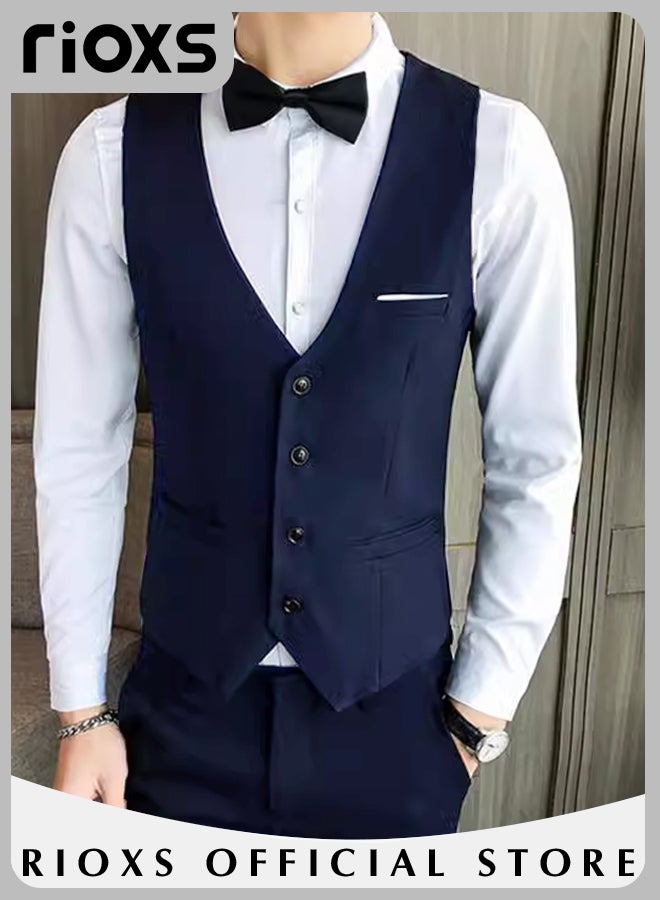 Men's Classic Solid Suit Vest with 4 Buttons, Regular Fit Tuxedo Waistcoat, Business Sleeveless Waistcoats, Slim Fit Blazer Vest with Single Breasted, Button Closure and Adjustable Back Straps, Suitable for Both Formal and Casual Occasions