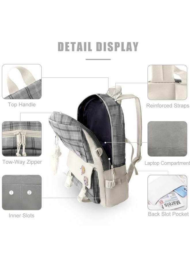 5Pcs Set Kawaii Aesthetic Backpack for Girls, Cute Sage Green Plaid Backpack Light Academia School Bookbag Lattice Laptop Bag Back to School Backpack