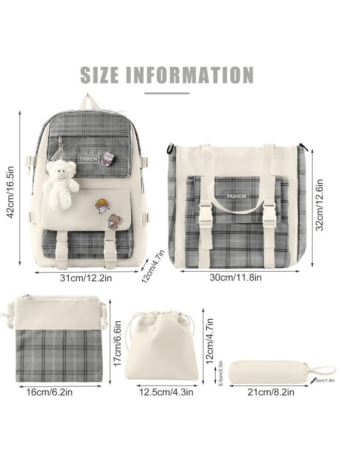 5Pcs Set Kawaii Aesthetic Backpack for Girls, Cute Sage Green Plaid Backpack Light Academia School Bookbag Lattice Laptop Bag Back to School Backpack