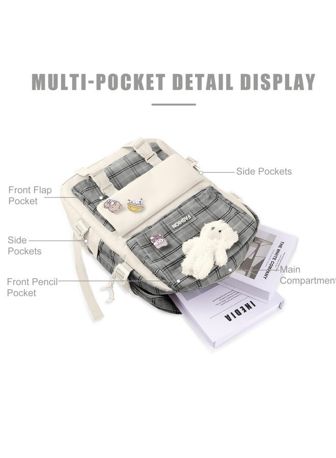 5Pcs Set Kawaii Aesthetic Backpack for Girls, Cute Sage Green Plaid Backpack Light Academia School Bookbag Lattice Laptop Bag Back to School Backpack