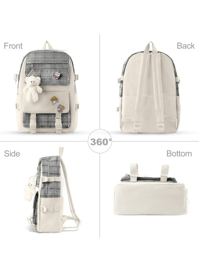 5Pcs Set Kawaii Aesthetic Backpack for Girls, Cute Sage Green Plaid Backpack Light Academia School Bookbag Lattice Laptop Bag Back to School Backpack