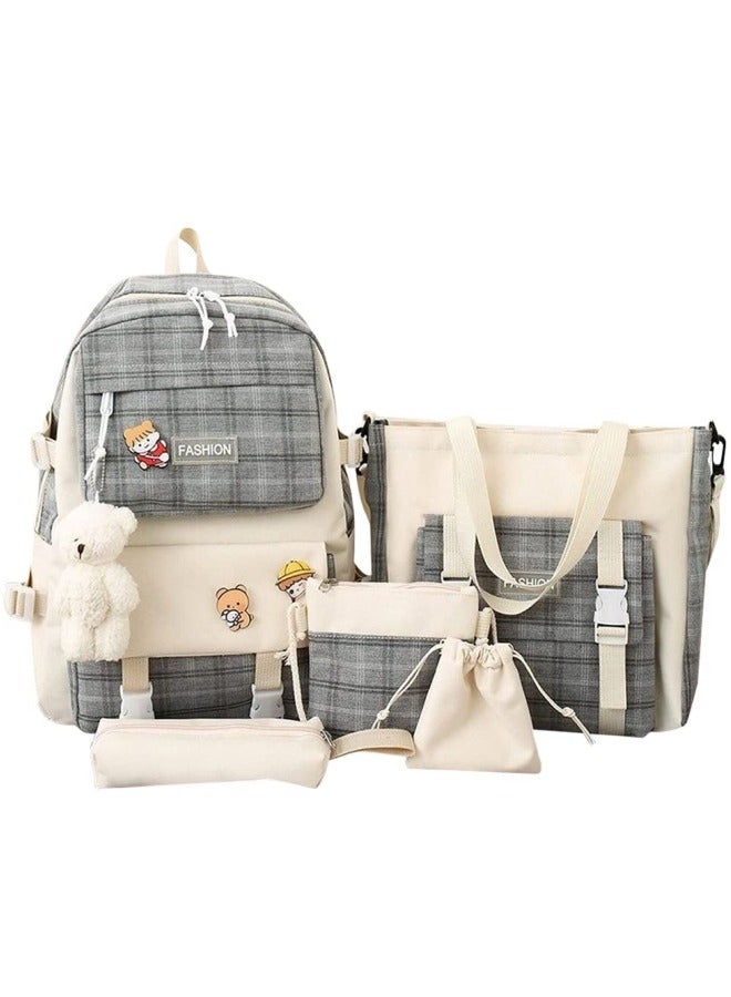 5Pcs Set Kawaii Aesthetic Backpack for Girls, Cute Sage Green Plaid Backpack Light Academia School Bookbag Lattice Laptop Bag Back to School Backpack