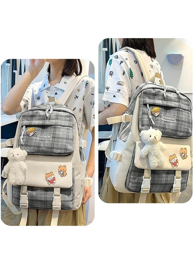 5Pcs Set Kawaii Aesthetic Backpack for Girls, Cute Sage Green Plaid Backpack Light Academia School Bookbag Lattice Laptop Bag Back to School Backpack