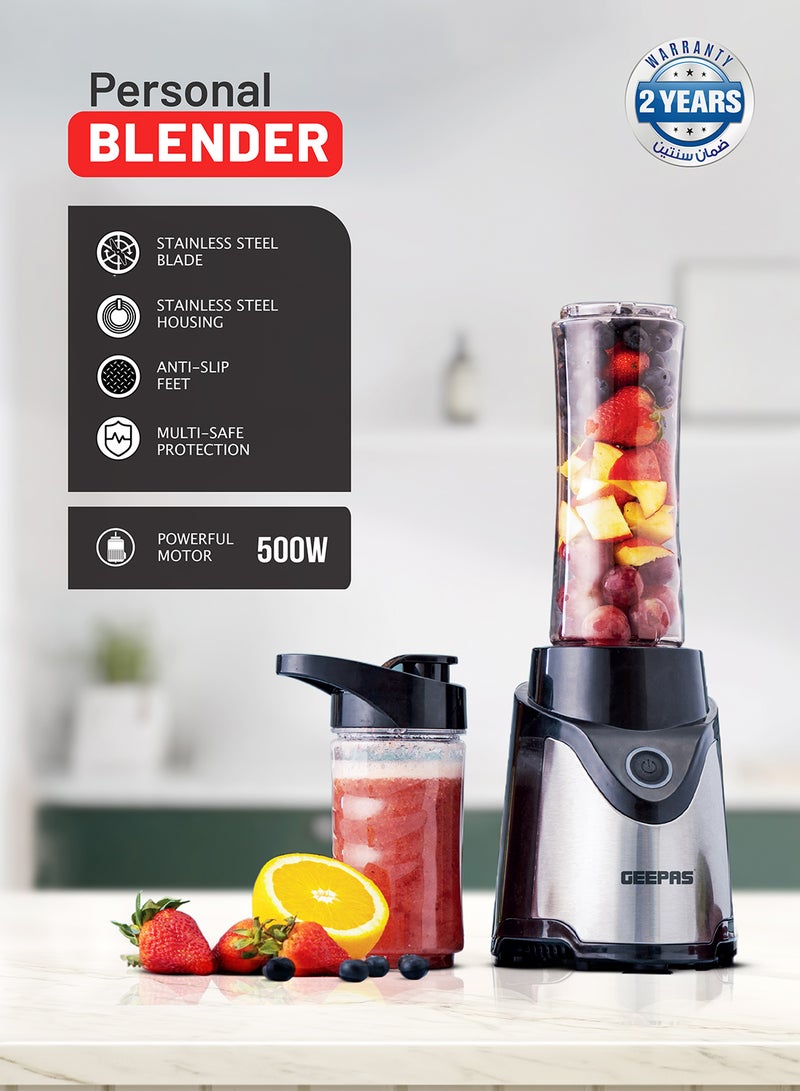 Personal Blender | Stainless Steel Blade - Safety Lock, 570ml & 400ml BPA-Free Tritan Jar, Multi- Safe Protection, Abs Plastic Housing 500 W GSB44075 Black