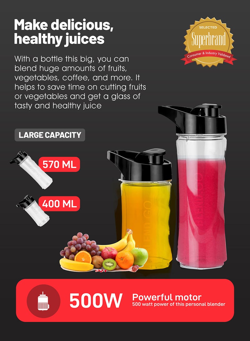 Personal Blender | Stainless Steel Blade - Safety Lock, 570ml & 400ml BPA-Free Tritan Jar, Multi- Safe Protection, Abs Plastic Housing 500 W GSB44075 Black