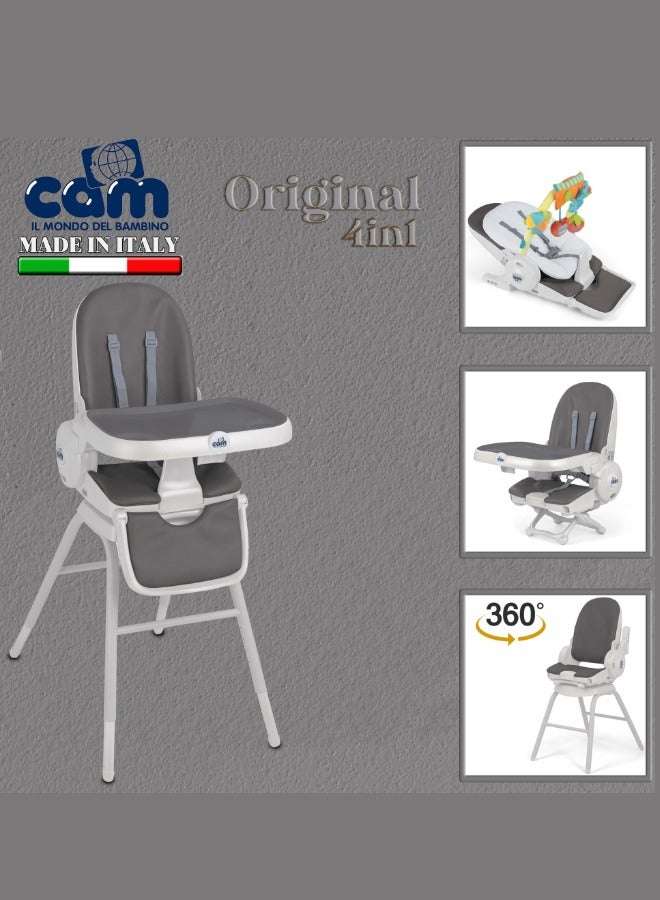 Cam Original 4In1 High Chair - Gray, From 0 Up To 15 Kg. (36 Months), 5 Heights, 3 Backrest Positions, Adjustable 2-Position Footrest, Two Removable Trays, Ultra-Compact Folding, Feeding Chair.