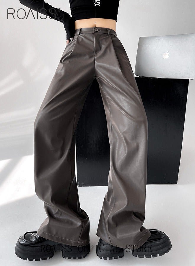 Women Slim Fit Leather Pants Relaxed Fit Straight Leg Trousers Ladies PU Suit Leather Pants Fashionable and Versatile for Casual Wear Flattering for All Leg Types Creates a Slim and Straight Leg Look
