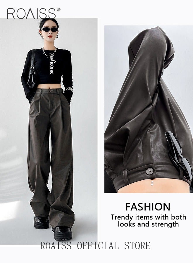 Women Slim Fit Leather Pants Relaxed Fit Straight Leg Trousers Ladies PU Suit Leather Pants Fashionable and Versatile for Casual Wear Flattering for All Leg Types Creates a Slim and Straight Leg Look