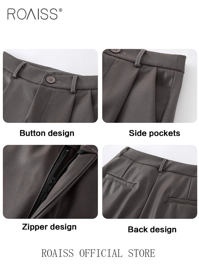 Women Slim Fit Leather Pants Relaxed Fit Straight Leg Trousers Ladies PU Suit Leather Pants Fashionable and Versatile for Casual Wear Flattering for All Leg Types Creates a Slim and Straight Leg Look
