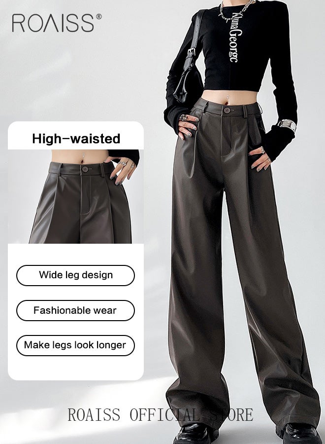 Women Slim Fit Leather Pants Relaxed Fit Straight Leg Trousers Ladies PU Suit Leather Pants Fashionable and Versatile for Casual Wear Flattering for All Leg Types Creates a Slim and Straight Leg Look