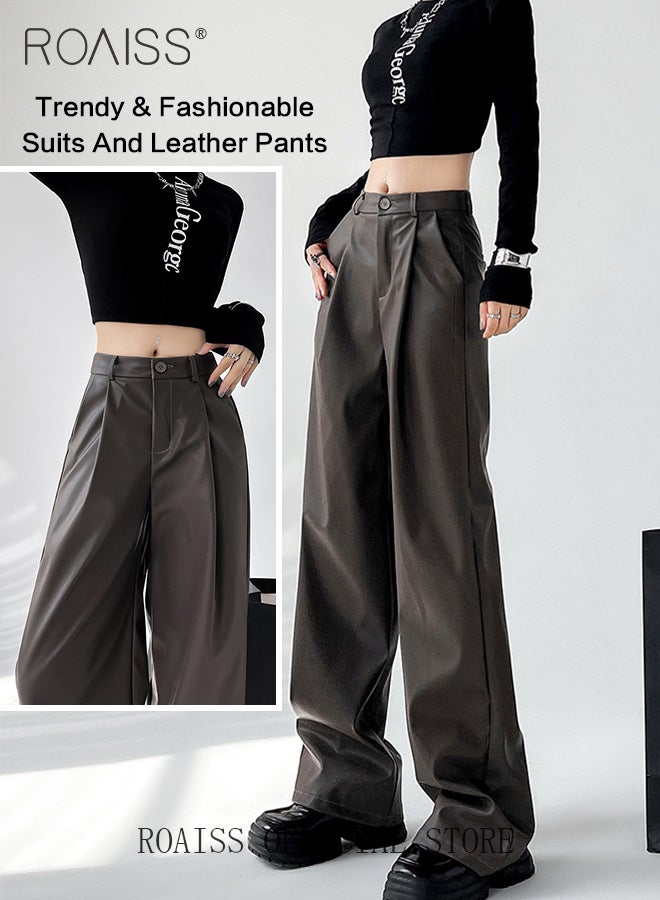 Women Slim Fit Leather Pants Relaxed Fit Straight Leg Trousers Ladies PU Suit Leather Pants Fashionable and Versatile for Casual Wear Flattering for All Leg Types Creates a Slim and Straight Leg Look