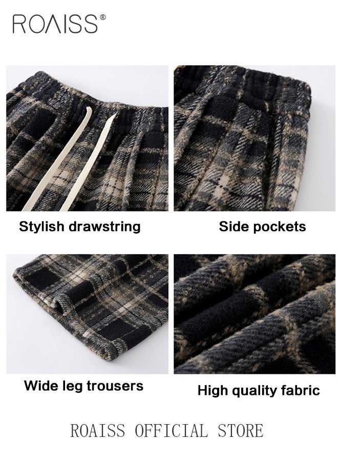 Women Loose Fit Wide Leg Pants Women Casual Straight Leg Trousers Skin Friendly Fabric Checkered Pattern Soft Comfortable Flattering for All Body Types Suitable for both Home and Outdoor Wear
