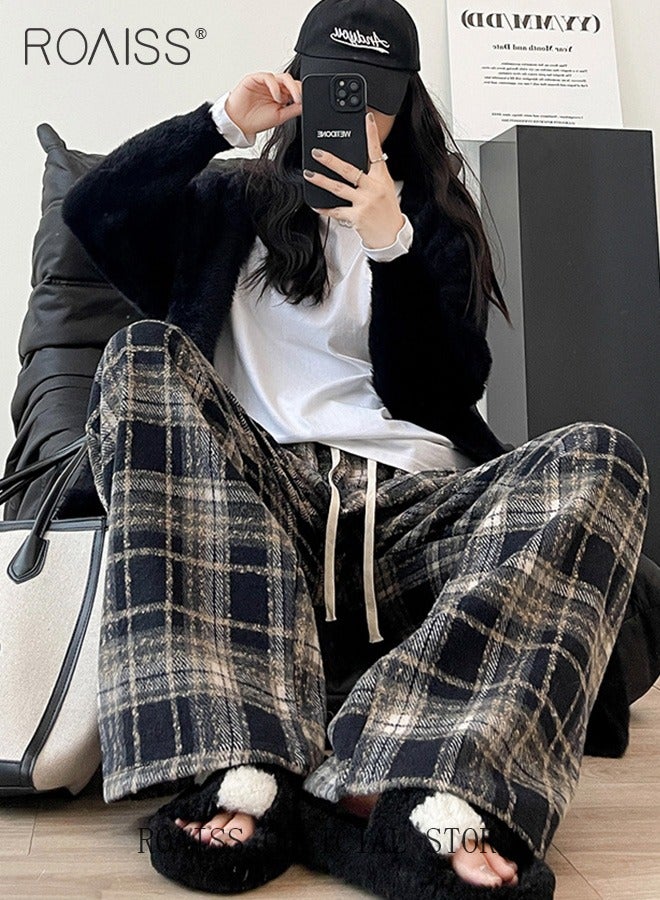Women Loose Fit Wide Leg Pants Women Casual Straight Leg Trousers Skin Friendly Fabric Checkered Pattern Soft Comfortable Flattering for All Body Types Suitable for both Home and Outdoor Wear