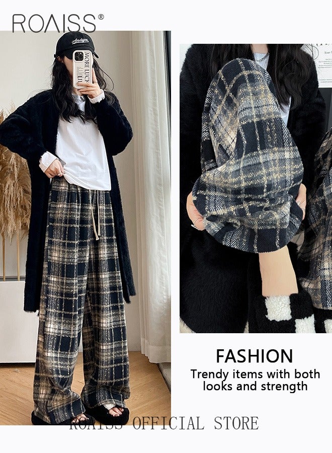 Women Loose Fit Wide Leg Pants Women Casual Straight Leg Trousers Skin Friendly Fabric Checkered Pattern Soft Comfortable Flattering for All Body Types Suitable for both Home and Outdoor Wear