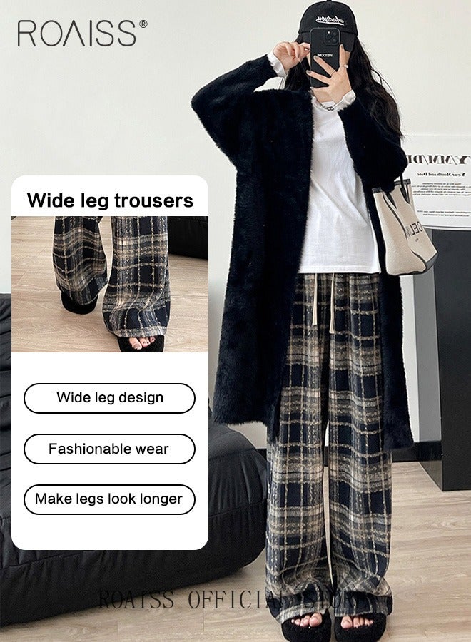 Women Loose Fit Wide Leg Pants Women Casual Straight Leg Trousers Skin Friendly Fabric Checkered Pattern Soft Comfortable Flattering for All Body Types Suitable for both Home and Outdoor Wear