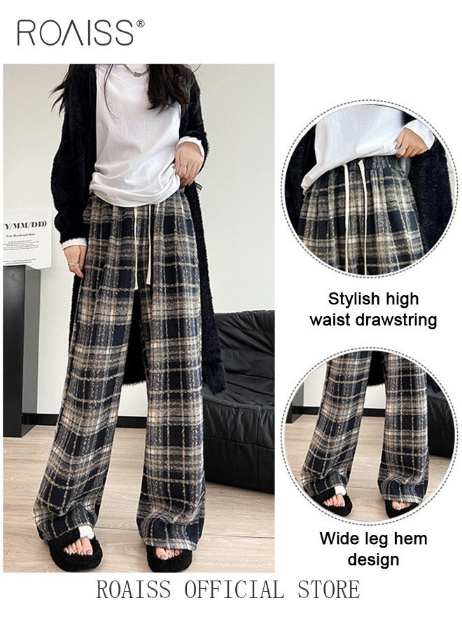 Women Loose Fit Wide Leg Pants Women Casual Straight Leg Trousers Skin Friendly Fabric Checkered Pattern Soft Comfortable Flattering for All Body Types Suitable for both Home and Outdoor Wear