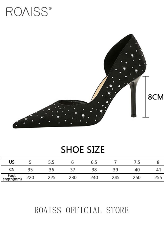 Women Pointed Toe Stiletto High Heels to Enhance Leg Lines Visually Slimming Luxurious Silk Satin Material with Side Hollow Design and Rhinestone Embellishments Perfect for Formal Events and Parties