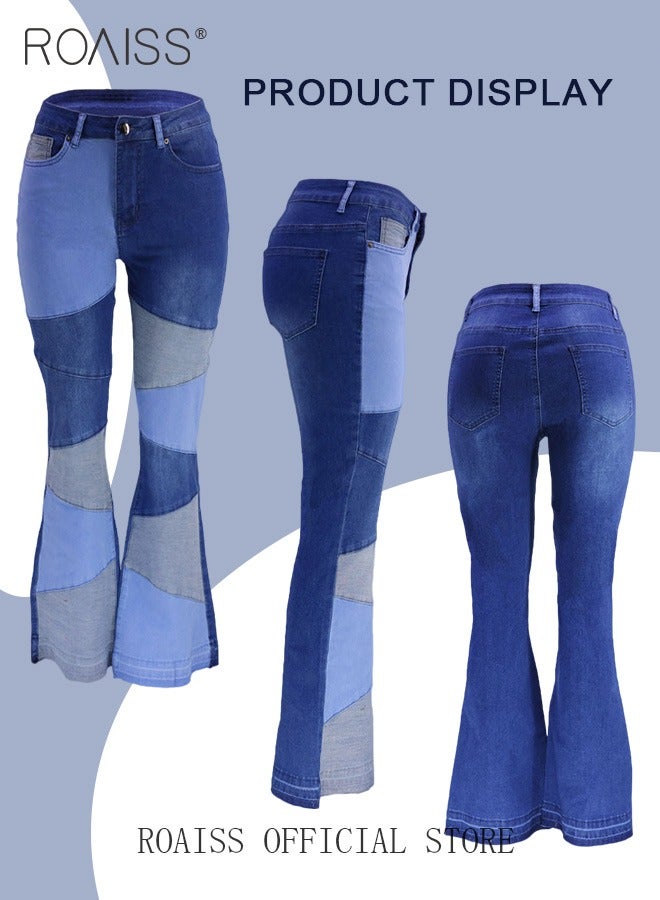 Plus Size Women Denim Pants Patchwork Fabric Wide Leg Flared Trousers Leg Flattering Design Fashionable and Versatile Suitable for School and Commuting