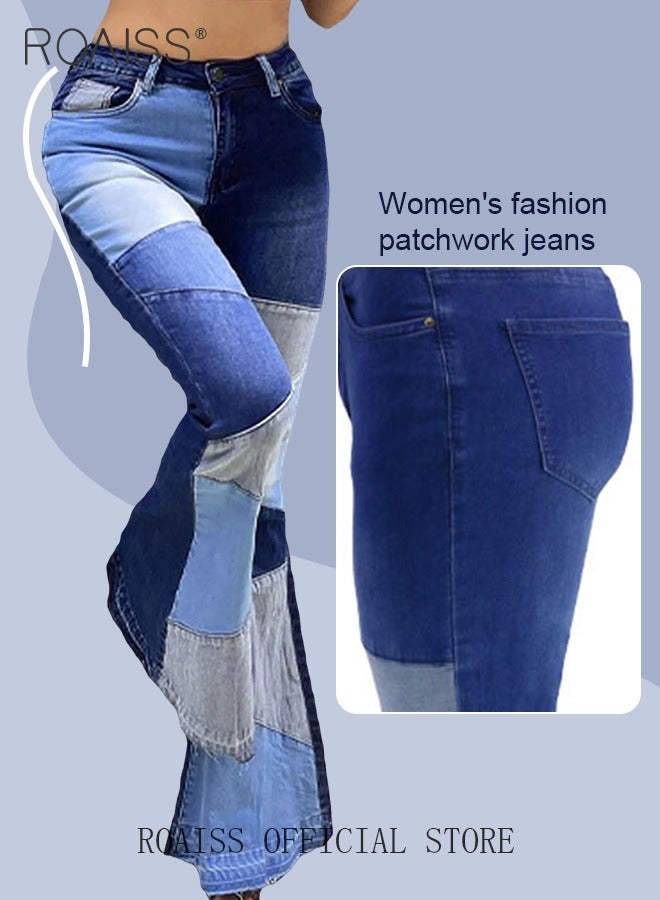 Plus Size Women Denim Pants Patchwork Fabric Wide Leg Flared Trousers Leg Flattering Design Fashionable and Versatile Suitable for School and Commuting