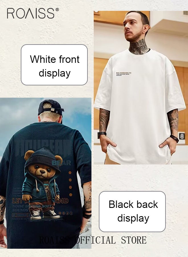 2 Pack Summer New Fashion Men's Large Size Short-Sleeved T-Shirt Creative Bear Print Cotton Casual Loose Round Neck Tops