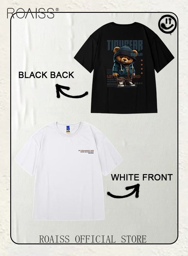 2 Pack Summer New Fashion Men's Large Size Short-Sleeved T-Shirt Creative Bear Print Cotton Casual Loose Round Neck Tops