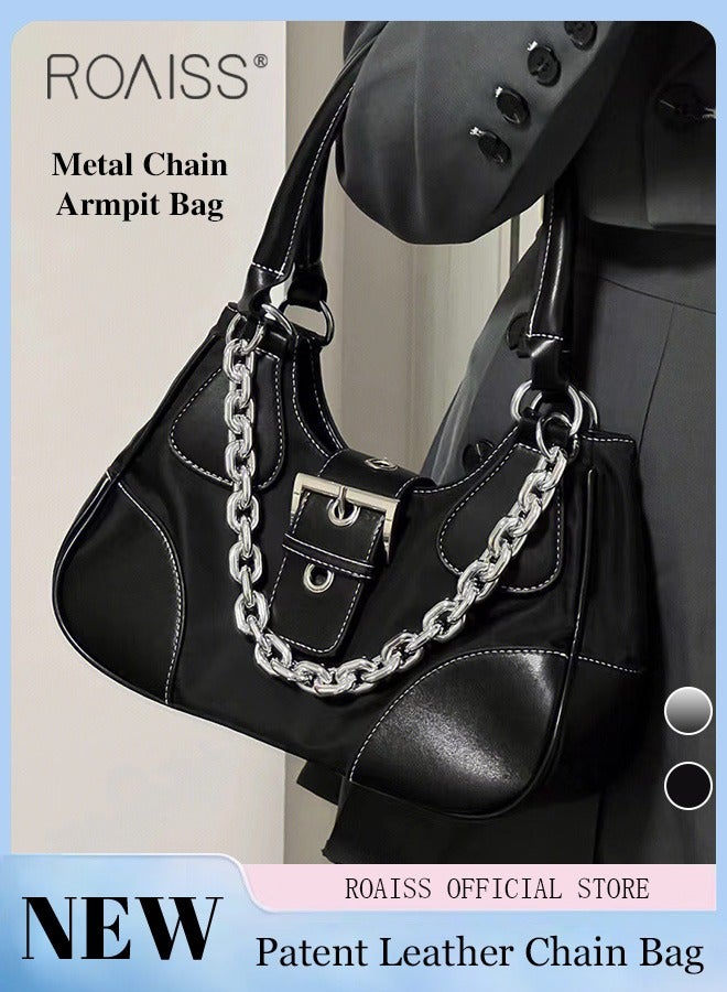 Women Patent Leather Shoulder Bag Women Shoulder Bag with Chain Strap Personalized and Fashionable Large Capacity with Buckle and Zipper Closure Design Dual Anti Theft Protection