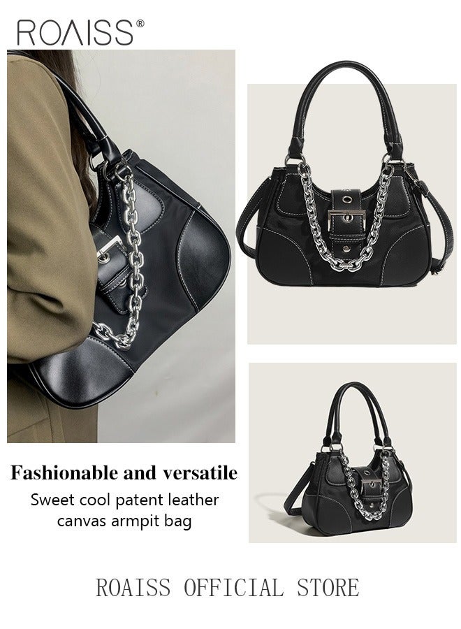 Women Patent Leather Shoulder Bag Women Shoulder Bag with Chain Strap Personalized and Fashionable Large Capacity with Buckle and Zipper Closure Design Dual Anti Theft Protection