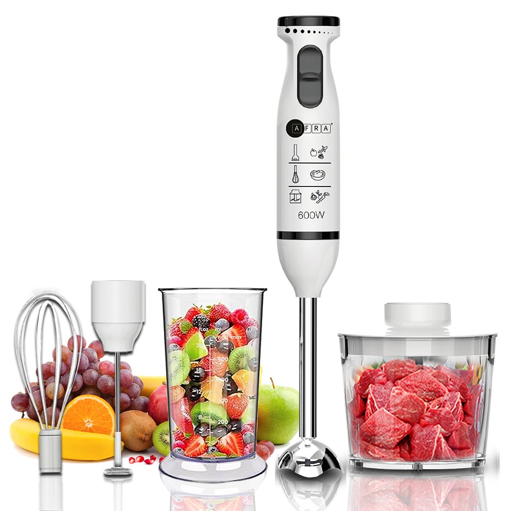 AFRA Japan Hand Blender Set, Multiple Speed Settings, Stainless Steel, Multiple Attachments, Chopper, Mixing Cup, Whisk With 2 years warranty AF-14600BLCR White