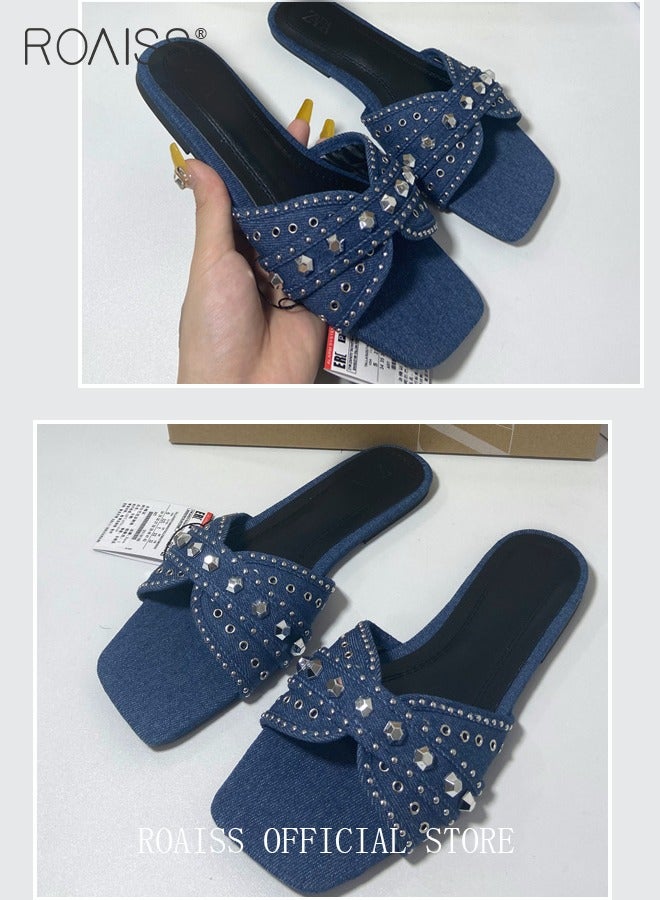 Square Toe Casual Sandals For Women Toe Open Denim Rivet Decoration Flat Slippers Outer Wear Stylish Shoes