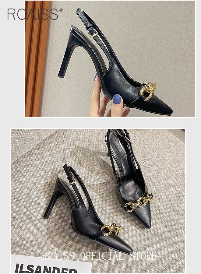 Pointed Toe High Heeled Shoes For Women Slim Back Strap Stiletto Heel Shoes with Metal Chain Embellished Versatile Sandals