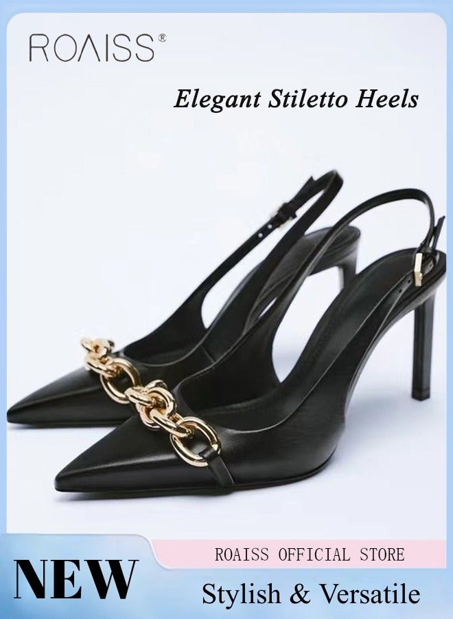 Pointed Toe High Heeled Shoes For Women Slim Back Strap Stiletto Heel Shoes with Metal Chain Embellished Versatile Sandals